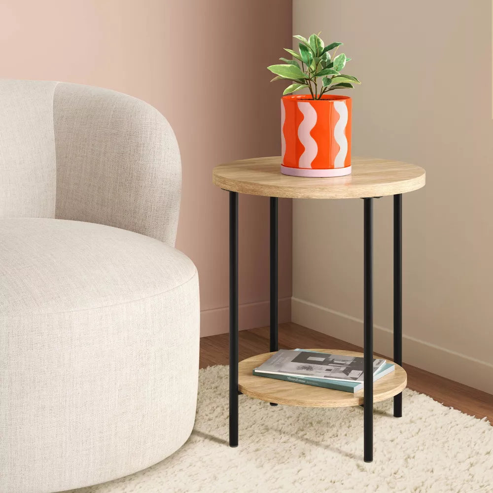 Wood Metal Round Side Table with Lower Shelf