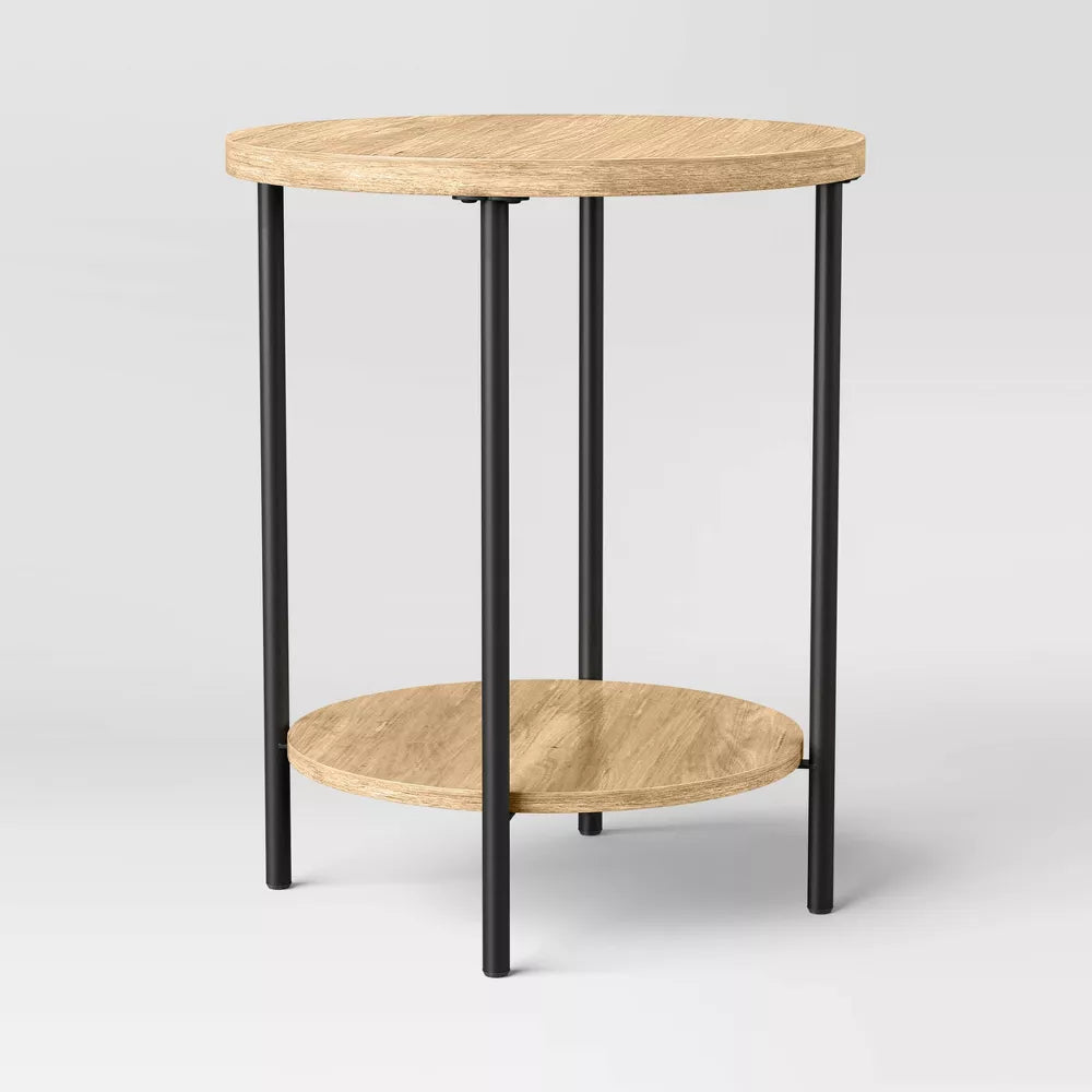Wood Metal Round Side Table with Lower Shelf