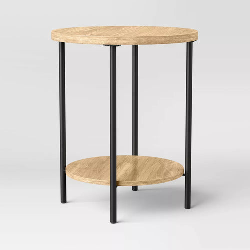Wood Metal Round Side Table with Lower Shelf