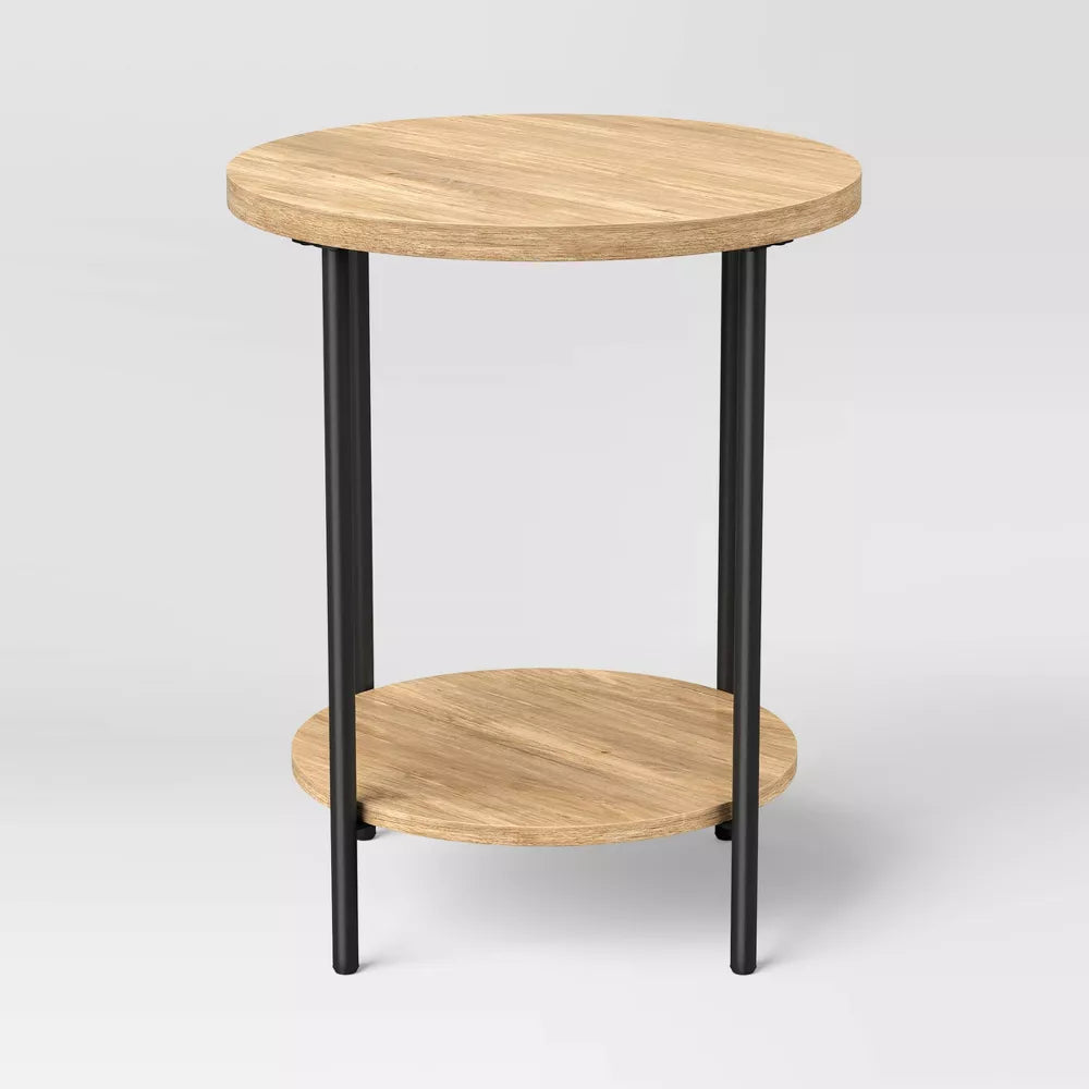 Wood Metal Round Side Table with Lower Shelf