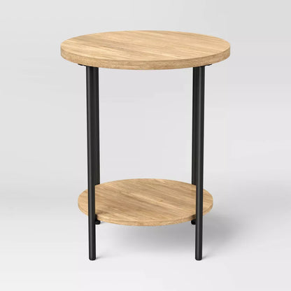 Wood Metal Round Side Table with Lower Shelf