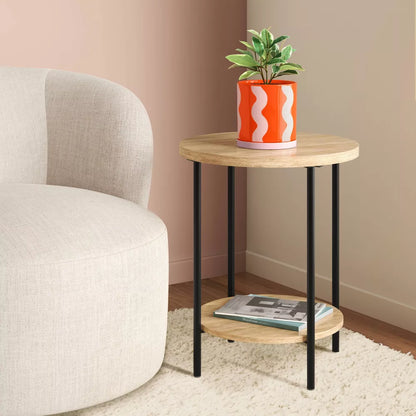 Wood Metal Round Side Table with Lower Shelf
